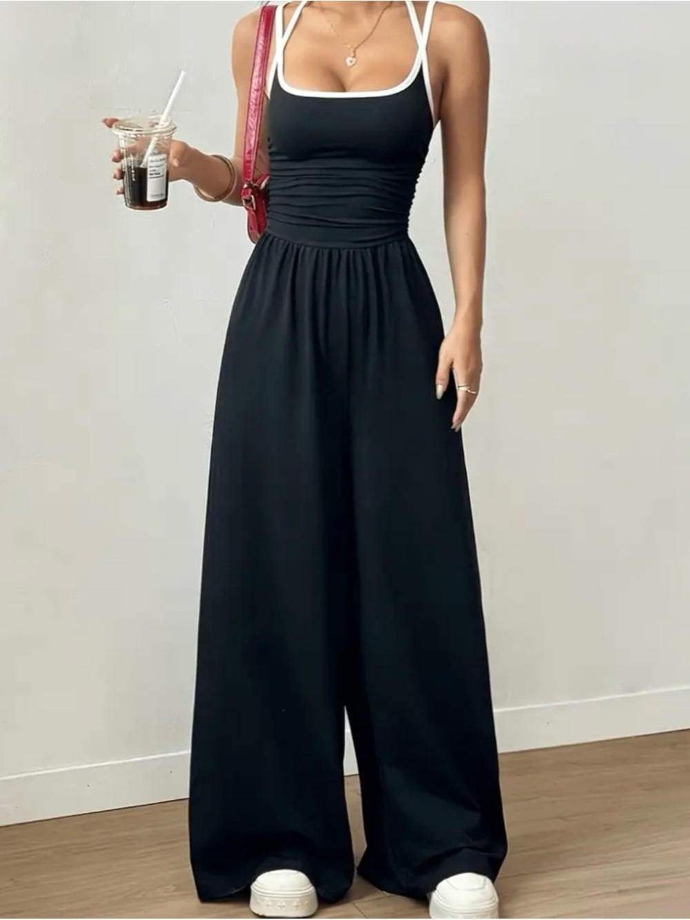 Black Wide-Leg Jumpsuit with Contrast Trim - Picture 3 of 3